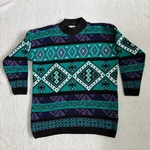 Vintage 90s Cut 4 U Aztec Geometric Knit Sweater Teal Purple Black Made in USA